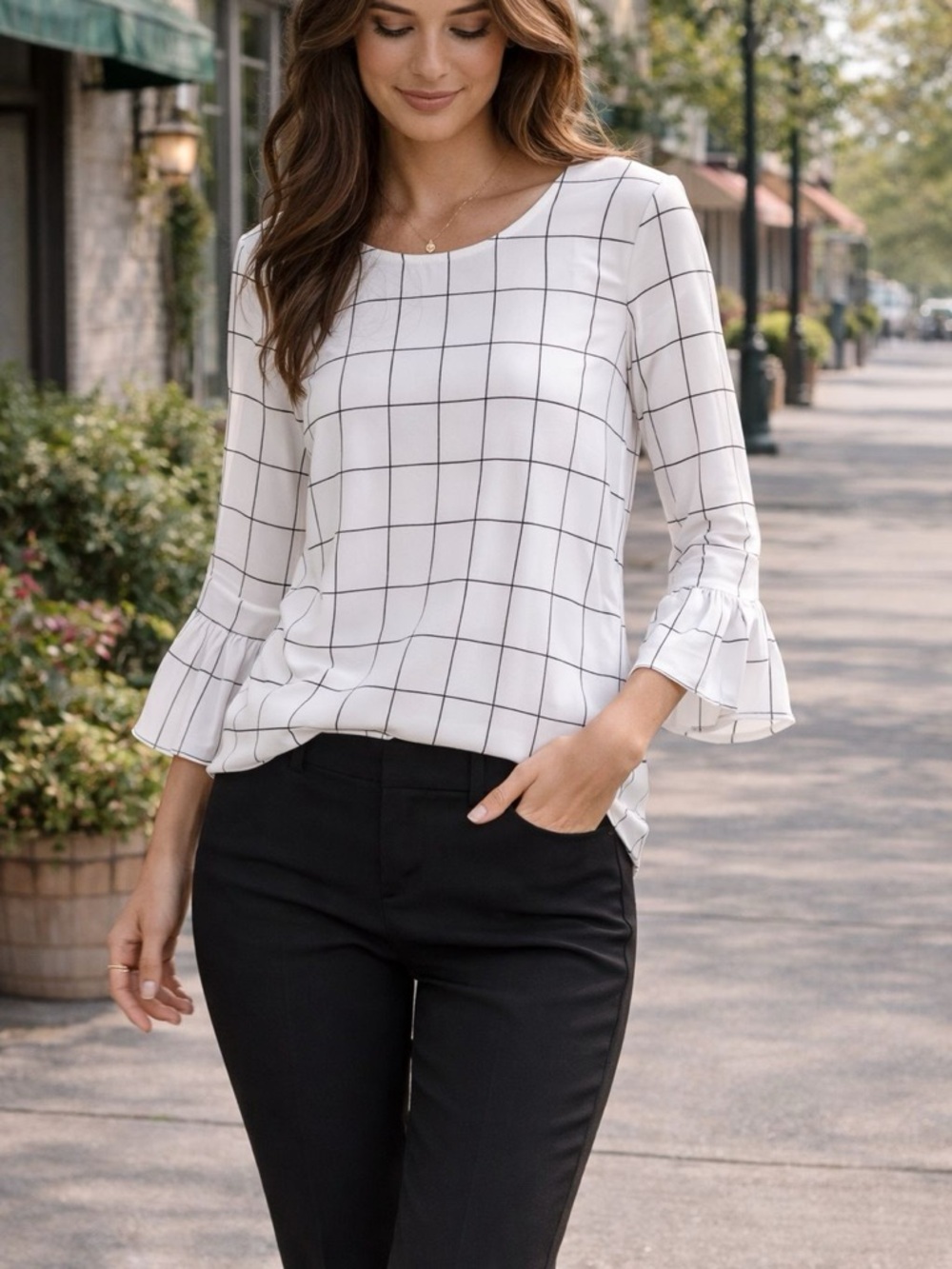 Adrianna Papell White Checkered Blouse with Ruffle Cuffs